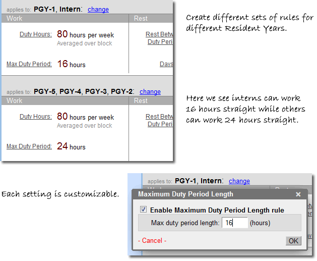 Customizable duty hour rules settings for the ACGME's new rules.