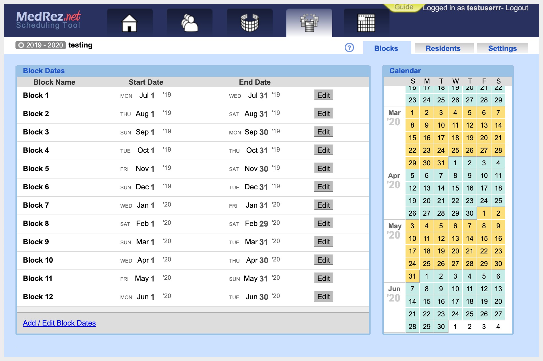 The main Schedule page, where you can manage blocks.